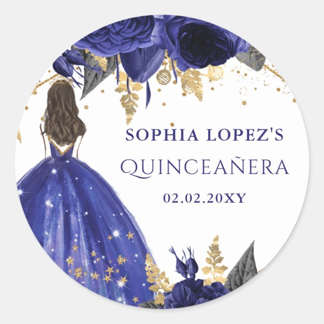 Royal Blue Gold Floral Princess Quinceanera   Classic Round Sticker (Front)