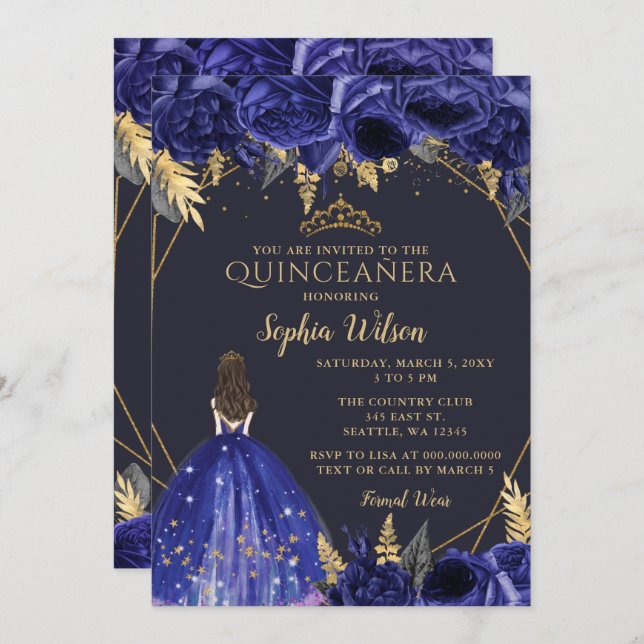 Royal Blue Gold Floral Princess Quinceañera   Invi Invitation (Front/Back)