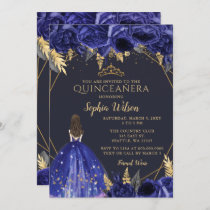 Royal Blue Gold Floral Princess Quinceañera   Invi Invitation