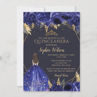 Royal Blue Gold Floral Princess Quinceañera Invi Invitation | Zazzle