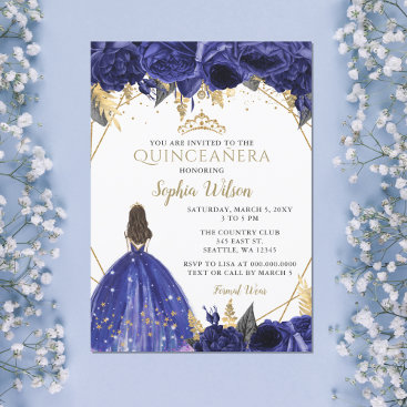 Royal Blue Gold Floral Princess Quinceañera Invita Invitation