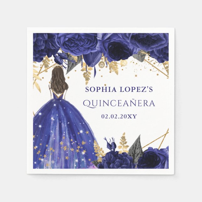 Royal Blue Gold Floral Princess Quinceanera  Napkins (Front)