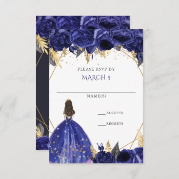 Royal Blue Gold Floral Princess Quinceanera RSVP Card