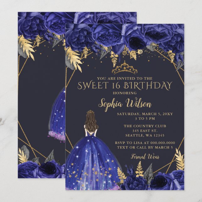 Royal Blue Gold Floral Princess Sweet 16 Invitation (Front/Back)