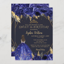 Royal Blue Gold Floral Princess Sweet 16 Invitation
