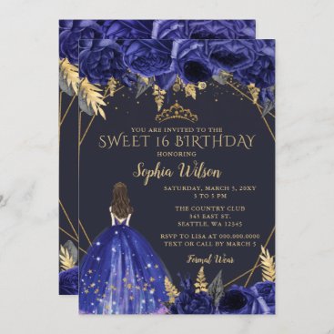 Royal Blue Gold Floral Princess Sweet 16 Invitation