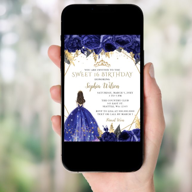 Royal Blue Gold Floral Princess Sweet 16 Invitation (Front Digital)