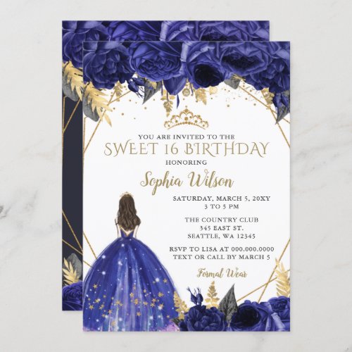 Royal Blue Gold Floral Princess Sweet 16 Invitation