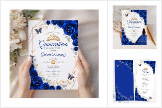 Royal Blue Gold Floral Quinceanera