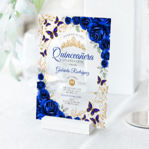 Royal Blue Gold Floral Quinceanera Acrylic Invitations