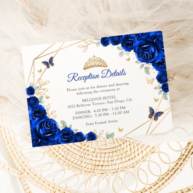 Royal Blue Gold Floral Quinceanera  Details Enclosure Card (Creator Uploaded)
