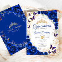 Royal Blue Gold Floral Quinceanera