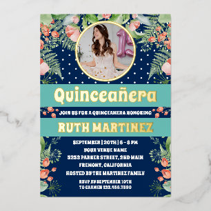 Royal Blue Gold Floral Quinceanera Party Photo Foil Invitation