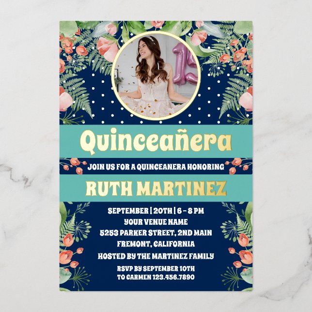 Royal Blue Gold Floral Quinceanera Party Photo Foil Invitation (Front)