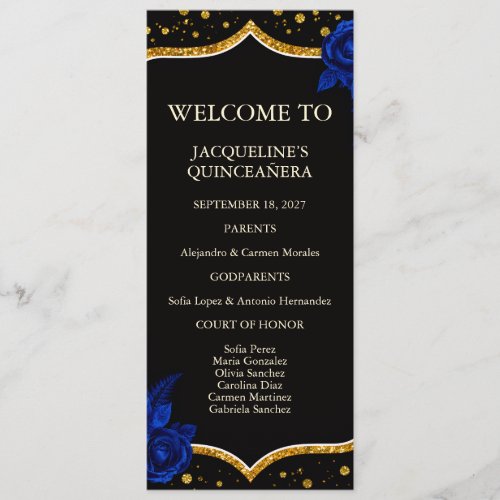 Royal Blue Gold Floral Quinceanera Program