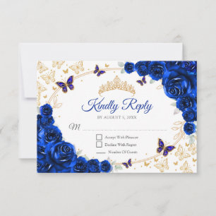 Royal Blue Gold Floral Quinceanera Reply RSVP Card