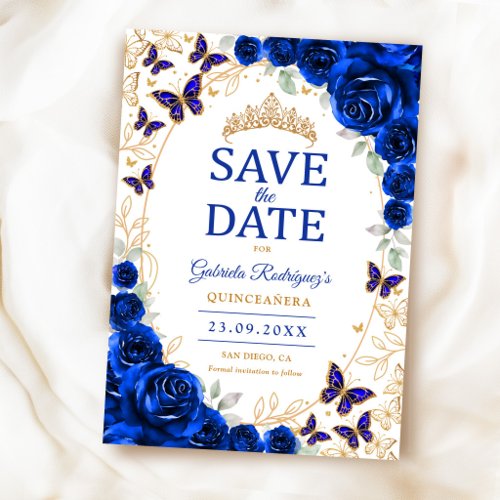 Royal Blue Gold Floral Quinceanera Save The Date