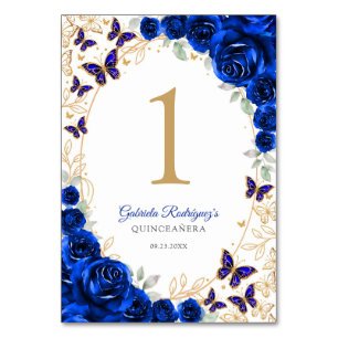 Royal Blue Gold Floral Quinceanera Table Number