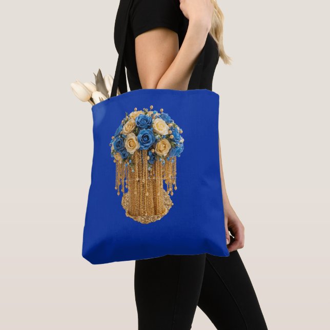 Royal Blue & Gold Floral — Tote Bag (Close Up)
