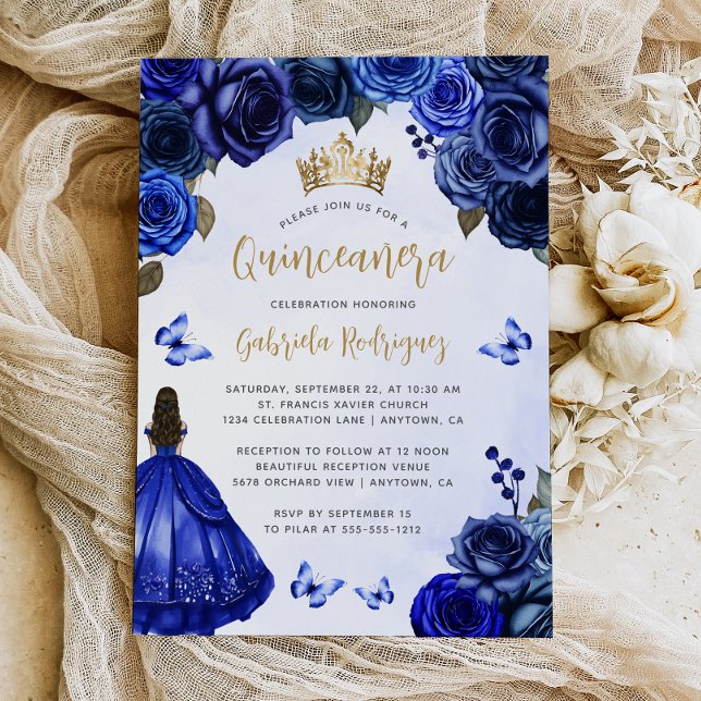 Royal Blue Gold Floral Watercolor Quinceañera Invitation (Creator Uploaded)