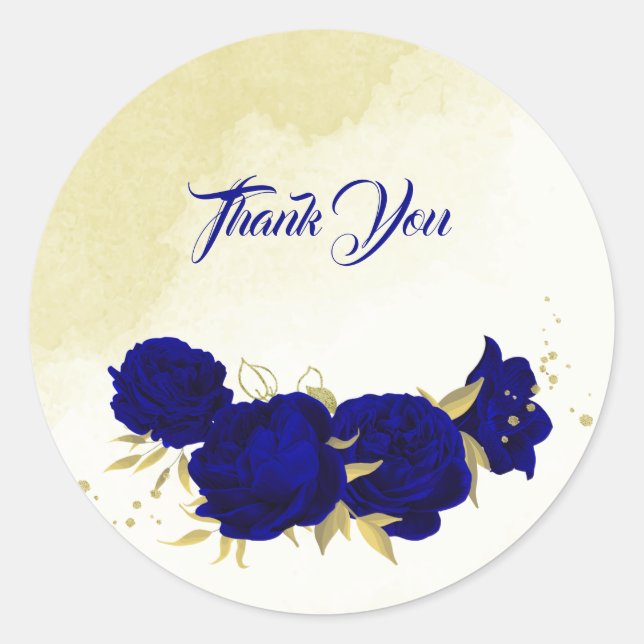 royal blue gold floral wedding classic round sticker (Front)