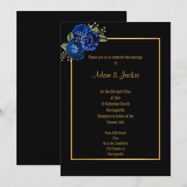 ROYAL BLUE GOLD FLORAL WEDDING INVITATION (Front/Back)