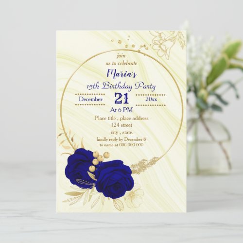 royal blue gold floral wreath birthday party invitation