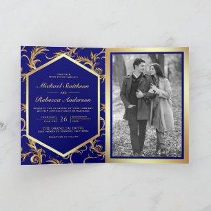 Royal Blue Gold Flourish Photo QR Code Wedding Invitation