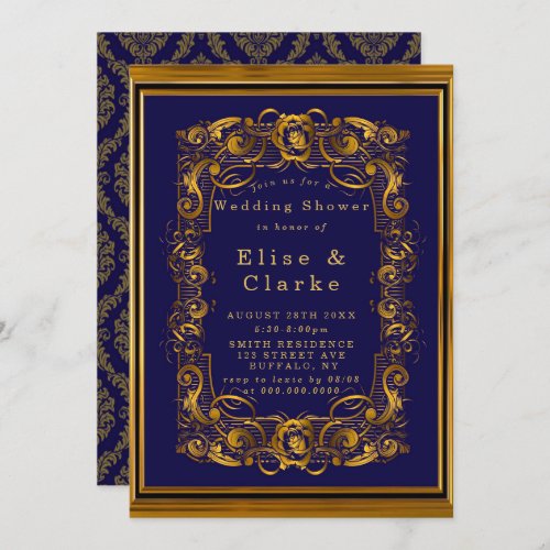 Royal Blue Gold Flourish Wedding Shower Invites