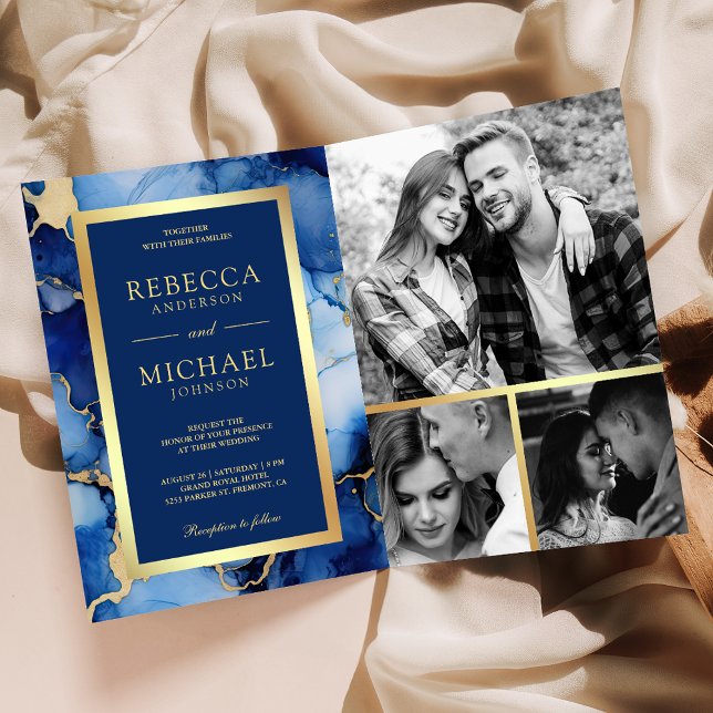 Royal Blue Gold Fluid Ink QR Code Wedding Invitation (Creator Uploaded)
