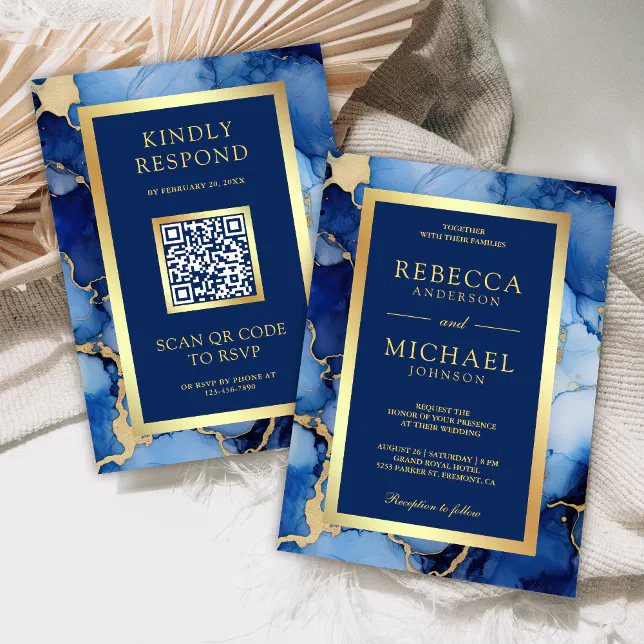 Royal Blue Gold Fluid Ink QR Code Wedding Invitation | Zazzle