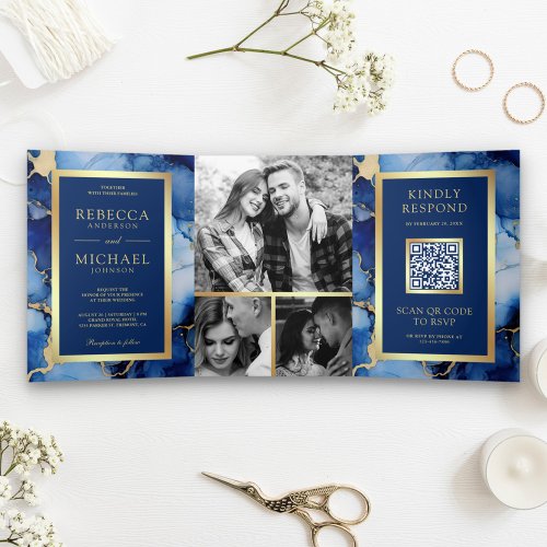 Royal Blue Gold Fluid Ink QR Code Wedding Tri_Fold Invitation