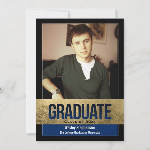 Royal Blue Gold Foil Block Effect Photo Graduation Invitation