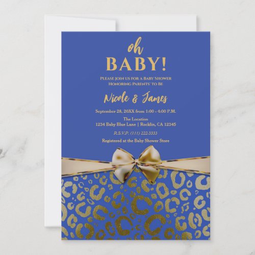 Royal Blue  Gold Glam Leopard Print Baby Shower Invitation