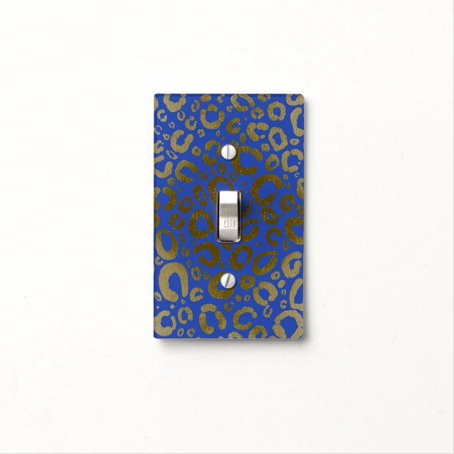 Royal Blue & Gold Glam Leopard Print Light Switch Cover (In Situ)