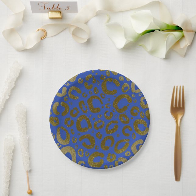 Royal Blue & Gold Glam Leopard Print Party Paper Plates (Wedding)