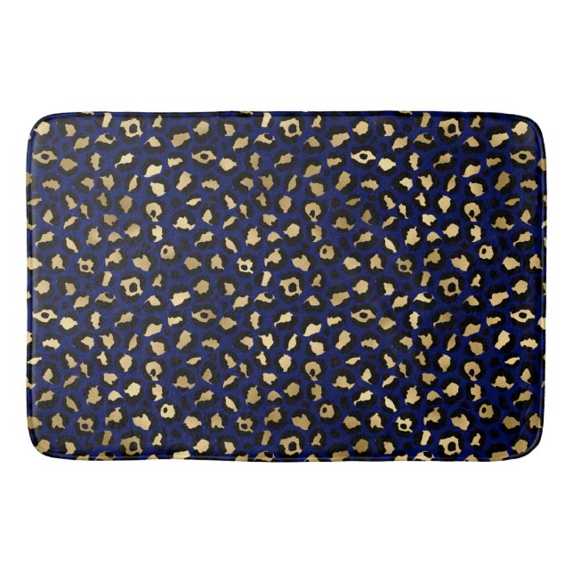 Royal Blue & Gold Glam Leopard Spots Print Bath Mat (Front)