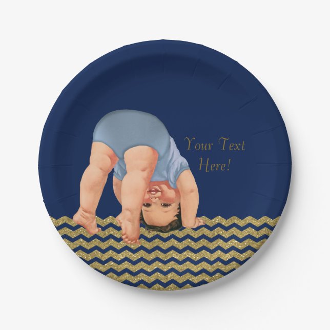 Royal Blue Gold Glitter Chevron Boy Baby Shower Paper Plates (Front)