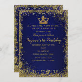 Royal Blue & Gold Glitter Crown 1ST Birthday Party Invitation (Front/Back)