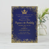 Royal Blue & Gold Glitter Crown 1ST Birthday Party Invitation (Standing Front)