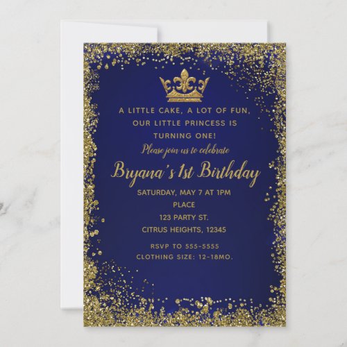 Royal Blue  Gold Glitter Crown 1ST Birthday Party Invitation
