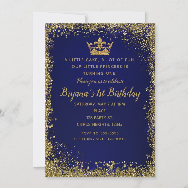 Royal Blue & Gold Glitter Crown 1ST Birthday Party Invitation (Front)