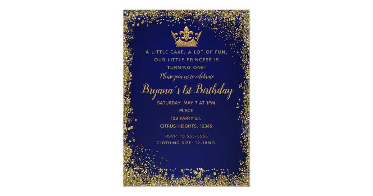 Royal Blue & Gold Glitter Crown 1ST Birthday Party Invitation | Zazzle.com