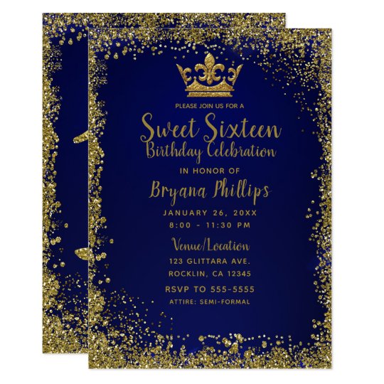 Royal Blue & Gold Glitter Crown Sweet 16 Party Invitation