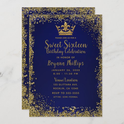 Royal Blue  Gold Glitter Crown Sweet 16 Party Invitation