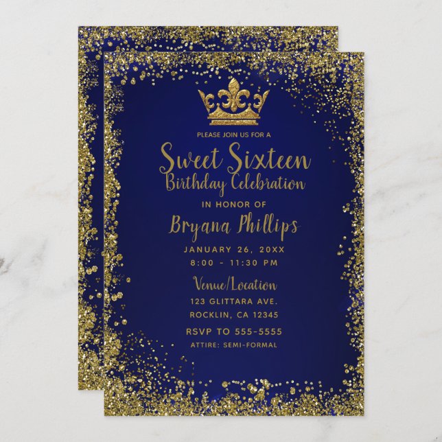 Royal Blue & Gold Glitter Crown Sweet 16 Party Invitation (Front/Back)