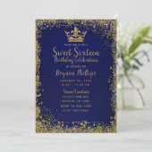 Royal Blue & Gold Glitter Crown Sweet 16 Party Invitation (Standing Front)