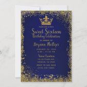 Royal Blue & Gold Glitter Crown Sweet 16 Party Invitation (Front)