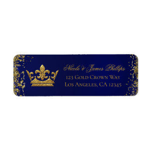 Royal Blue & Gold Glitter Crown Wedding Birthday Label