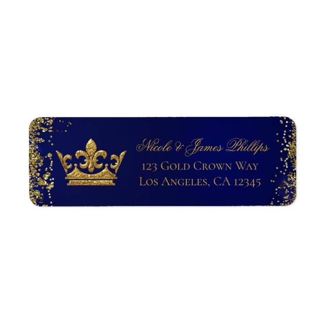 Royal Blue & Gold Glitter Crown Wedding Birthday Label (Front)